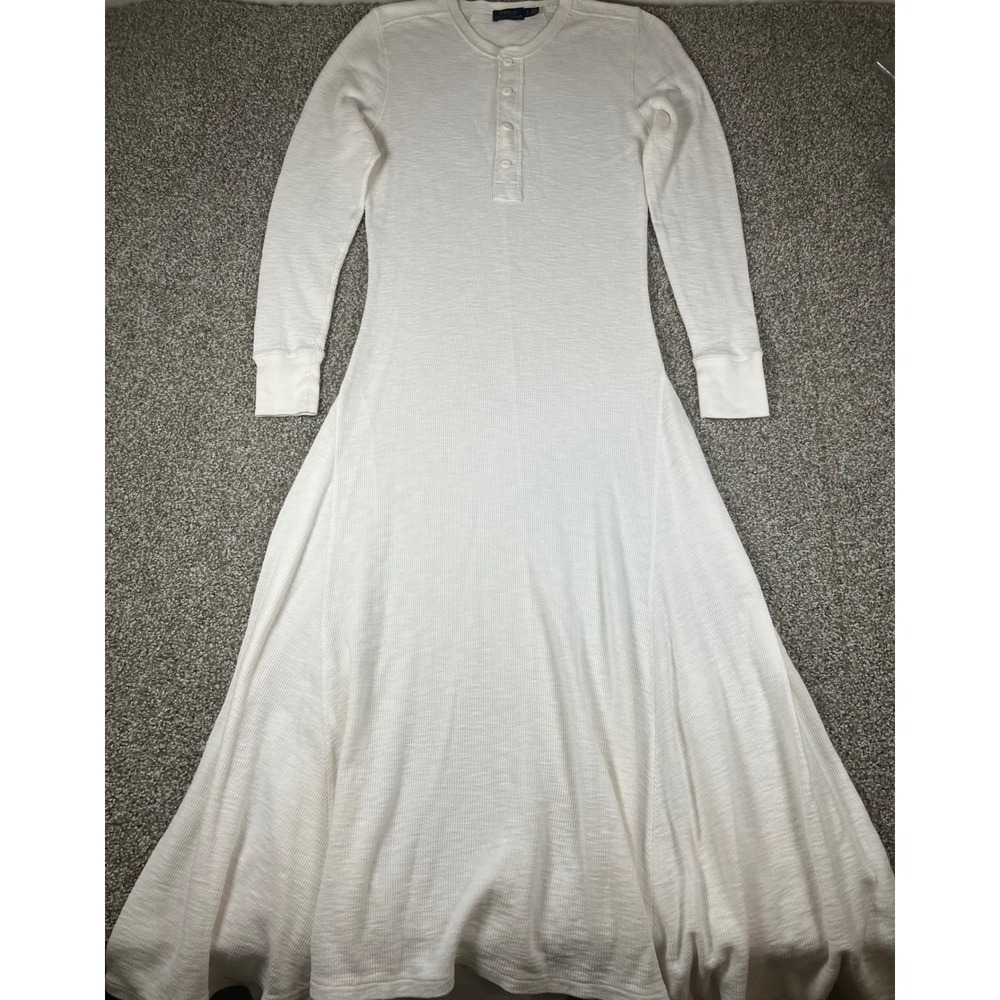Polo Ralph Lauren Womens Cream Waffle Knit Cotton Henley Maxi Dress Size Large
